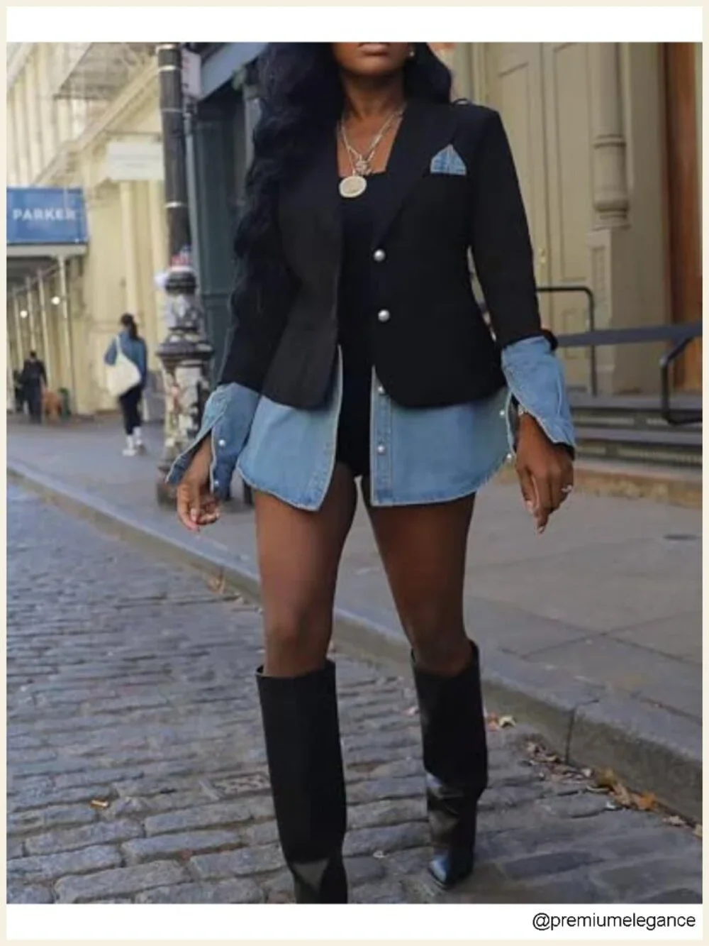 Women's Denim Blazer Jacket Long Sleeve Notched Lapel Trendy Coat